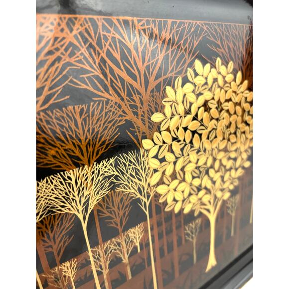 VTG Lacquerware Serving Tray Otagiri Original Japan Gold Gilt Tree Forest 14" - Picture 7 of 13